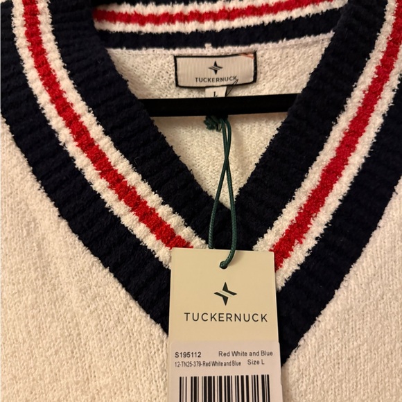 NWT - Tuckernuck White V-Neck Sweater with Red and Blue Stripes - Picture 5 of 8